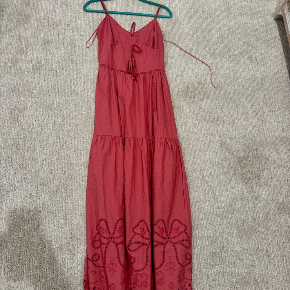 Moon River Red Maxi Dress with Embroidered Details